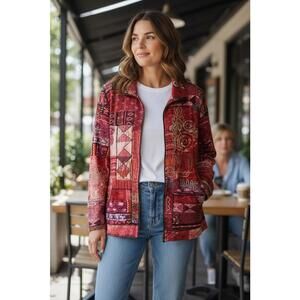 Spa by Chico's Red Patterned Zip-Up Jacket